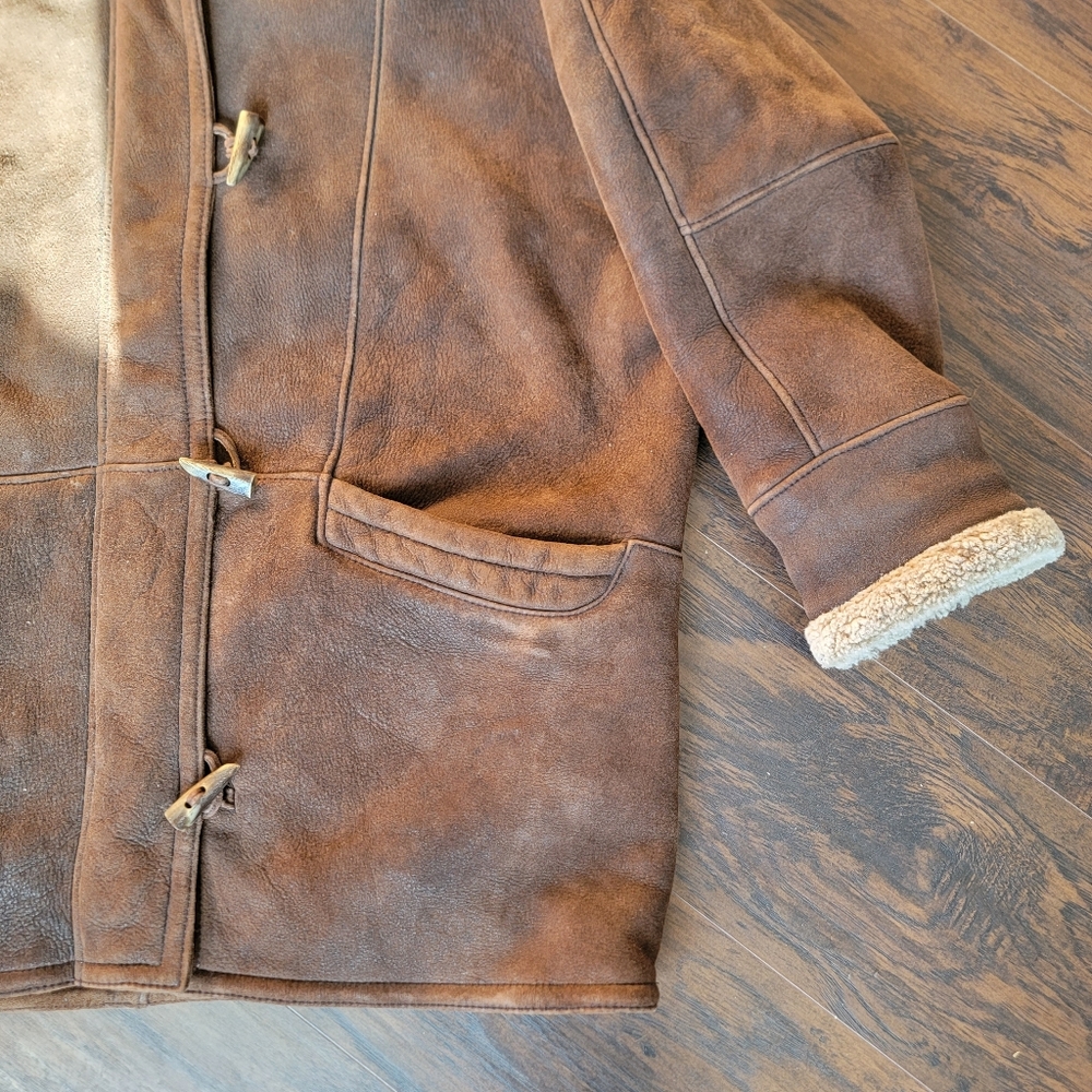 vintage brown shearling wool heavy car coat duffle toggle hooded oversized 90s - Picture 3 of 8